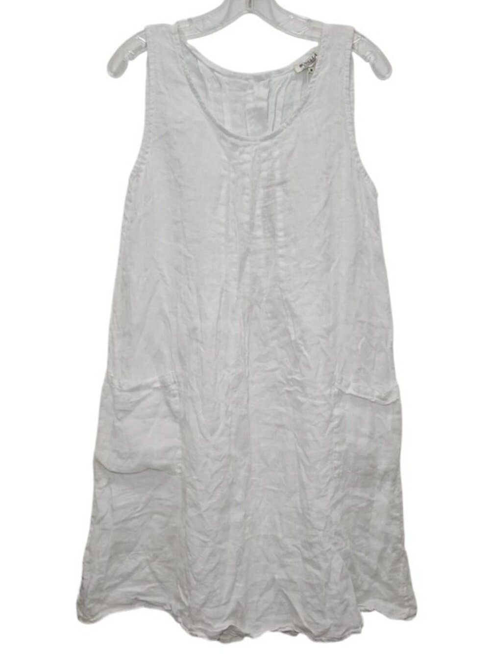 Sorella White Dress 100% Linen Medium Patch Pockets Lagenlook Beach Travel Italy